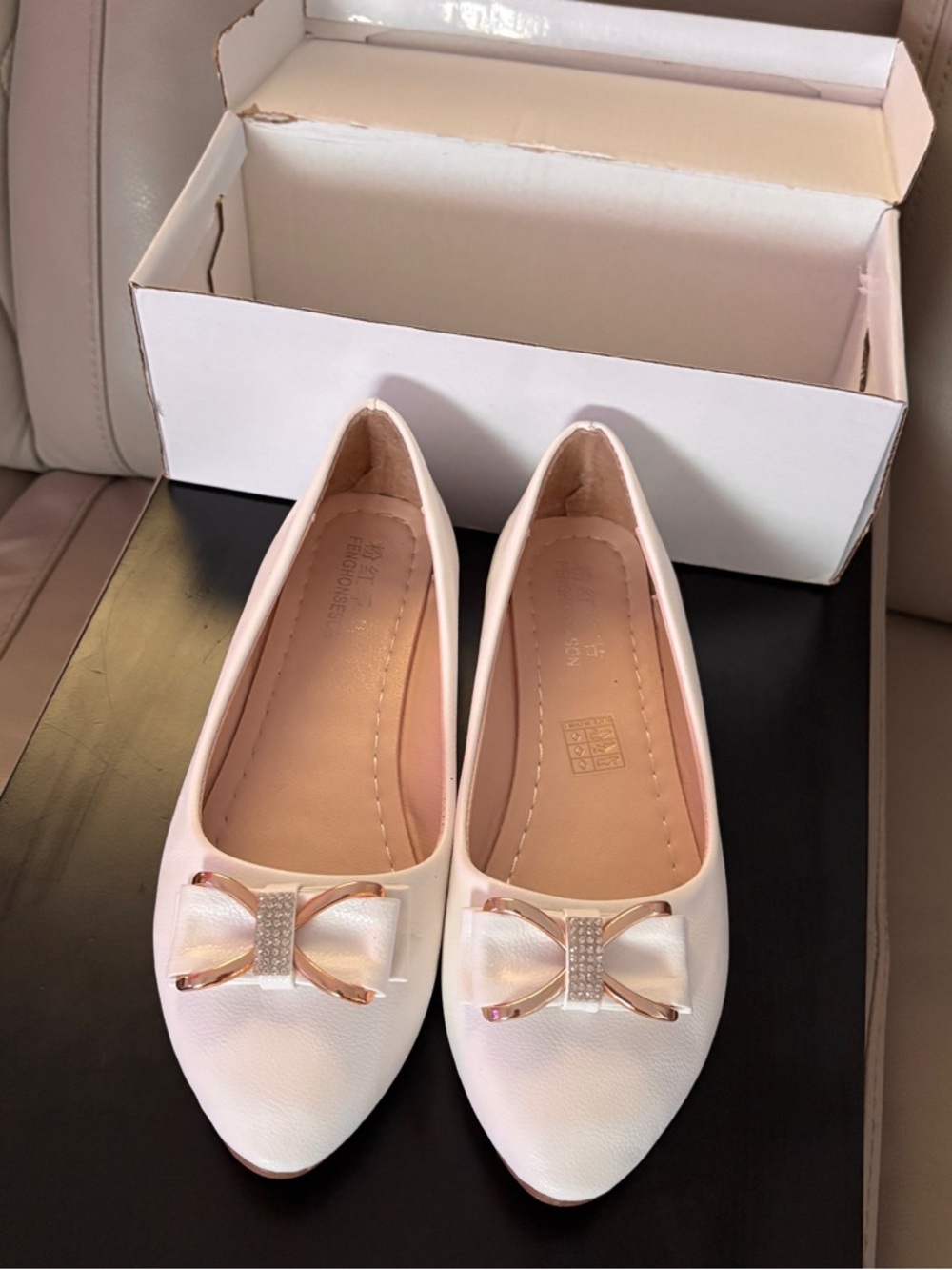 Women’s Bow-Accent Ballet Flats - White & Gold With Rhinestone Studs